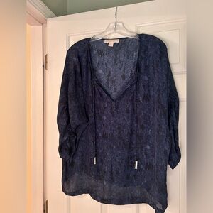 NWOT Michael Kors Blue Black Abstract Print Tie Neck Blouse Ruched Sleeve Sz L